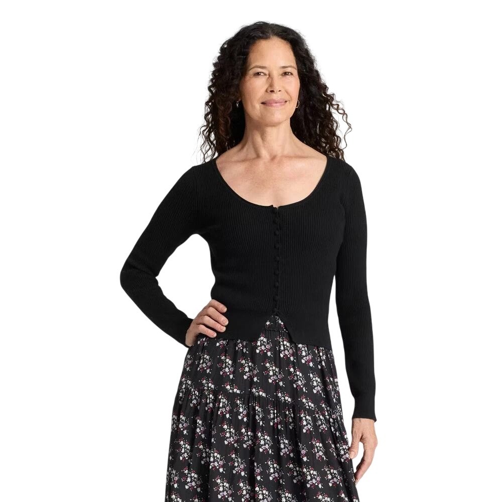 Universal Thread Womens Black Ribbed Scoop Neck Cardigan Sweater Size Large